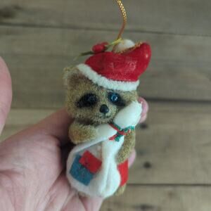Vtg Flocked Fur 'Britches' Raccoon Critter Sitter Santa Hat Christmas Ornament